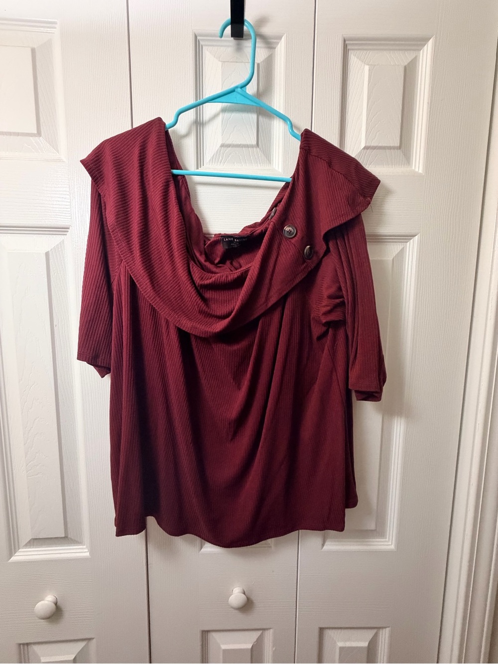 Lane Bryant Wine Red Draped Cowl Neck Top with Button Detail